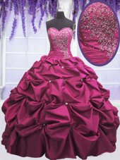 Superior Floor Length Fuchsia Vestidos de Quinceanera Taffeta Sleeveless Beading and Appliques and Pick Ups