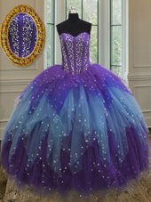 Sophisticated Multi-color Ball Gowns Sweetheart Sleeveless Tulle Floor Length Lace Up Beading and Ruffles and Sequins Vestidos de Quinceanera