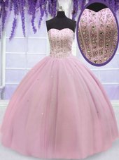 High End Sweetheart Sleeveless 15th Birthday Dress Floor Length Beading Baby Pink Tulle