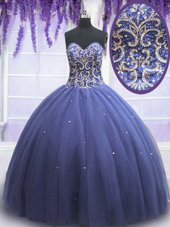 Pretty Purple Tulle Lace Up Sweet 16 Dress Sleeveless Floor Length Beading