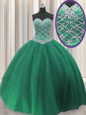 Extravagant Dark Green Ball Gowns Beading and Sequins 15th Birthday Dress Lace Up Tulle Sleeveless Floor Length