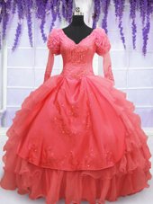 Deluxe Coral Red Organza Lace Up Quinceanera Dresses Long Sleeves Floor Length Beading and Embroidery