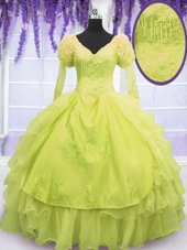 Cute Yellow Green 15th Birthday Dress For with Beading and Embroidery and Ruffles V-neck Sleeveless Lace Up