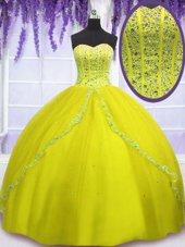 Yellow Green Ball Gowns Beading 15th Birthday Dress Lace Up Tulle Sleeveless Floor Length