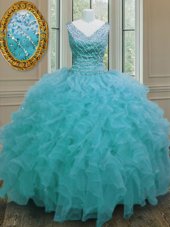 Popular Aqua Blue Sleeveless Floor Length Beading and Ruffles Zipper Vestidos de Quinceanera