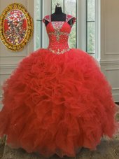 Comfortable Straps Straps Sequins Floor Length Ball Gowns Cap Sleeves Coral Red Quinceanera Dress Lace Up