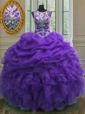 Custom Design Scoop Sleeveless Floor Length Beading and Ruffles and Pick Ups Lace Up Quinceanera Dress with Purple