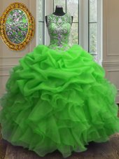 Scoop Sleeveless Sweet 16 Dresses Floor Length Beading and Ruffles and Pick Ups Green Organza