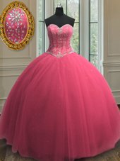 Unique Beading and Sequins Ball Gown Prom Dress Hot Pink Lace Up Sleeveless Floor Length