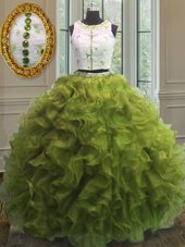 Scoop Clasp Handle Olive Green Sleeveless Appliques and Ruffles Floor Length Sweet 16 Dress