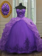 Vintage Purple Organza Lace Up Sweetheart Sleeveless With Train Sweet 16 Quinceanera Dress Court Train Beading and Appliques and Pick Ups