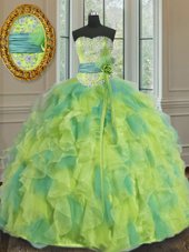 Dynamic Floor Length Lace Up Vestidos de Quinceanera Multi-color and In for Military Ball and Sweet 16 and Quinceanera with Beading and Appliques and Ruffles and Sashes|ribbons and Hand Made Flower