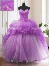 Sleeveless Organza Sweep Train Lace Up Vestidos de Quinceanera in Purple for with Beading and Ruffled Layers