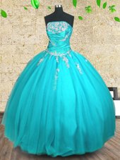 Most Popular Aqua Blue Lace Up Strapless Appliques and Ruching 15th Birthday Dress Tulle Sleeveless