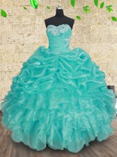 Delicate Beading and Ruffles and Ruching Quince Ball Gowns Aqua Blue Lace Up Sleeveless Floor Length