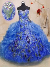 Trendy Blue Sleeveless Floor Length Beading and Appliques and Ruffles Zipper 15th Birthday Dress