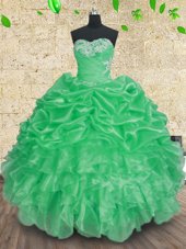 Flare Green Organza Lace Up Sweetheart Sleeveless Floor Length Quinceanera Dresses Beading and Appliques and Ruffles and Ruching