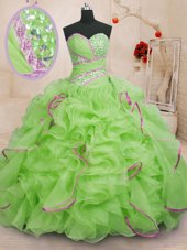 Stylish Organza Sweetheart Sleeveless Brush Train Lace Up Beading and Ruffles Quinceanera Dresses in