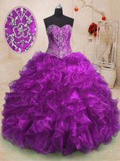 Clearance Purple Sleeveless Organza Sweep Train Lace Up Quinceanera Gown for Military Ball and Sweet 16 and Quinceanera