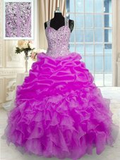 New Style Fuchsia Straps Zipper Beading and Ruffles and Pick Ups Sweet 16 Dress Sleeveless