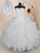 Custom Design Sweetheart Sleeveless Quince Ball Gowns Floor Length Beading and Ruffles White Organza