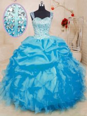 Great Baby Blue Sleeveless Beading and Ruffles and Pick Ups Floor Length Ball Gown Prom Dress