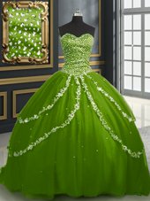 Cheap With Train Olive Green Quince Ball Gowns Tulle Brush Train Sleeveless Beading and Appliques