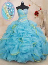 Baby Blue Lace Up 15 Quinceanera Dress Beading and Ruffles Sleeveless With Brush Train