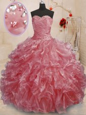 Fashionable Watermelon Red Ball Gowns Organza Sweetheart Sleeveless Beading and Ruffles Floor Length Lace Up Vestidos de Quinceanera