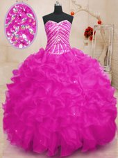 Classical Sweetheart Sleeveless Organza Ball Gown Prom Dress Beading and Ruffles and Sequins Lace Up