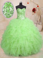 Sleeveless Floor Length Beading and Ruffles Lace Up Quinceanera Gowns with