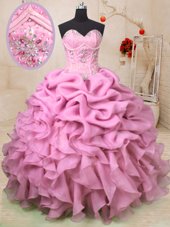 Colorful Baby Pink Sleeveless Beading and Ruffles and Pick Ups Floor Length Ball Gown Prom Dress