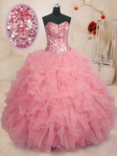 High Class Organza Sleeveless Floor Length 15 Quinceanera Dress and Beading and Ruffles