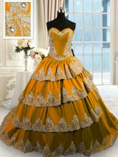 Smart Sleeveless With Train Beading and Appliques and Ruffled Layers Lace Up Quince Ball Gowns with Brown Court Train