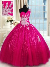 Deluxe One Shoulder Tulle and Sequined Sleeveless Floor Length Quinceanera Dress and Appliques