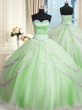 Apple Green Tulle Lace Up Quinceanera Gowns Sleeveless With Train Court Train Beading and Appliques