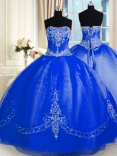 Wonderful Royal Blue Ball Gowns Beading and Embroidery Vestidos de Quinceanera Lace Up Organza Sleeveless Floor Length