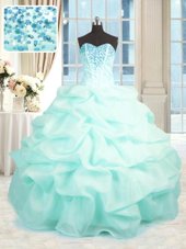 Deluxe Floor Length Aqua Blue Quince Ball Gowns Sweetheart Sleeveless Lace Up