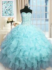 Free and Easy Baby Blue Organza Lace Up Sweetheart Sleeveless Floor Length Sweet 16 Dress Beading and Ruffles and Sequins