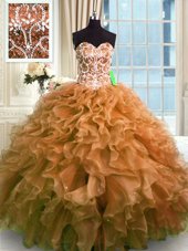 Brown Sleeveless Organza Lace Up Sweet 16 Quinceanera Dress for Military Ball and Sweet 16 and Quinceanera