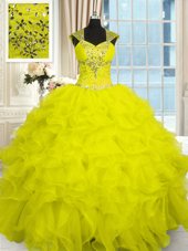 Floor Length Yellow Sweet 16 Dresses Straps Cap Sleeves Lace Up