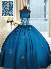 Gorgeous Blue and Teal Quinceanera Gown Military Ball and Sweet 16 and Quinceanera and For with Beading and Appliques and Ruching Strapless Sleeveless Lace Up