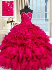 Hot Pink Organza Lace Up Sweetheart Sleeveless Floor Length Quinceanera Gowns Beading and Ruffles