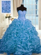 Blue Quinceanera Dresses Military Ball and Sweet 16 and Quinceanera and For with Beading and Pick Ups Sweetheart Sleeveless Sweep Train Lace Up