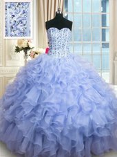 Smart Sleeveless Floor Length Beading and Ruffles Lace Up 15th Birthday Dress with Lavender