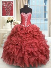 Graceful Floor Length Lace Up 15 Quinceanera Dress Rust Red and In for Military Ball and Sweet 16 and Quinceanera with Beading and Ruffles