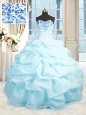 Adorable Sweetheart Sleeveless 15 Quinceanera Dress Floor Length Beading and Ruffles Baby Blue Organza