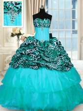 Aqua Blue Ball Gowns Beading and Ruffled Layers Quinceanera Gowns Lace Up Organza and Printed Sleeveless