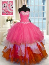 Multi-color Sleeveless Floor Length Beading and Ruffles Lace Up Ball Gown Prom Dress