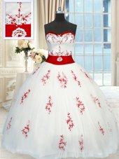 White Sleeveless Floor Length Appliques and Belt Lace Up Sweet 16 Quinceanera Dress